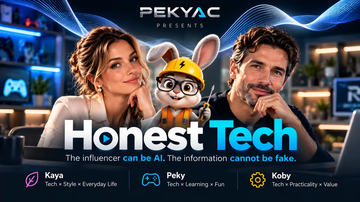 PEKYAC presents Honest Tech, with Kaya, Peky and Koby: “The influencer can be AI. The information cannot be fake.” Kaya: Tech × Style × Everyday Life. Peky: Tech × Learning × Fun. Koby: Tech × Practicality × Value.