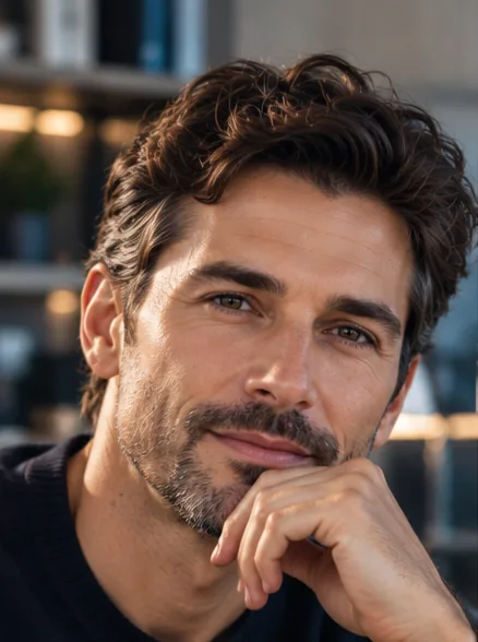 Portrait of Koby Drestan, smiling, his chin resting on his hand.