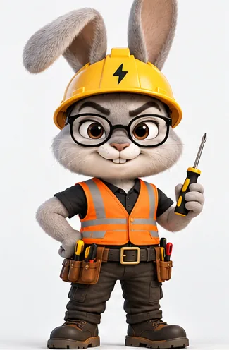 Peky Drestan, a 3D animated grey bunny in a yellow hard hat, round glasses, an orange safety vest and a tool belt, holding a screwdriver.